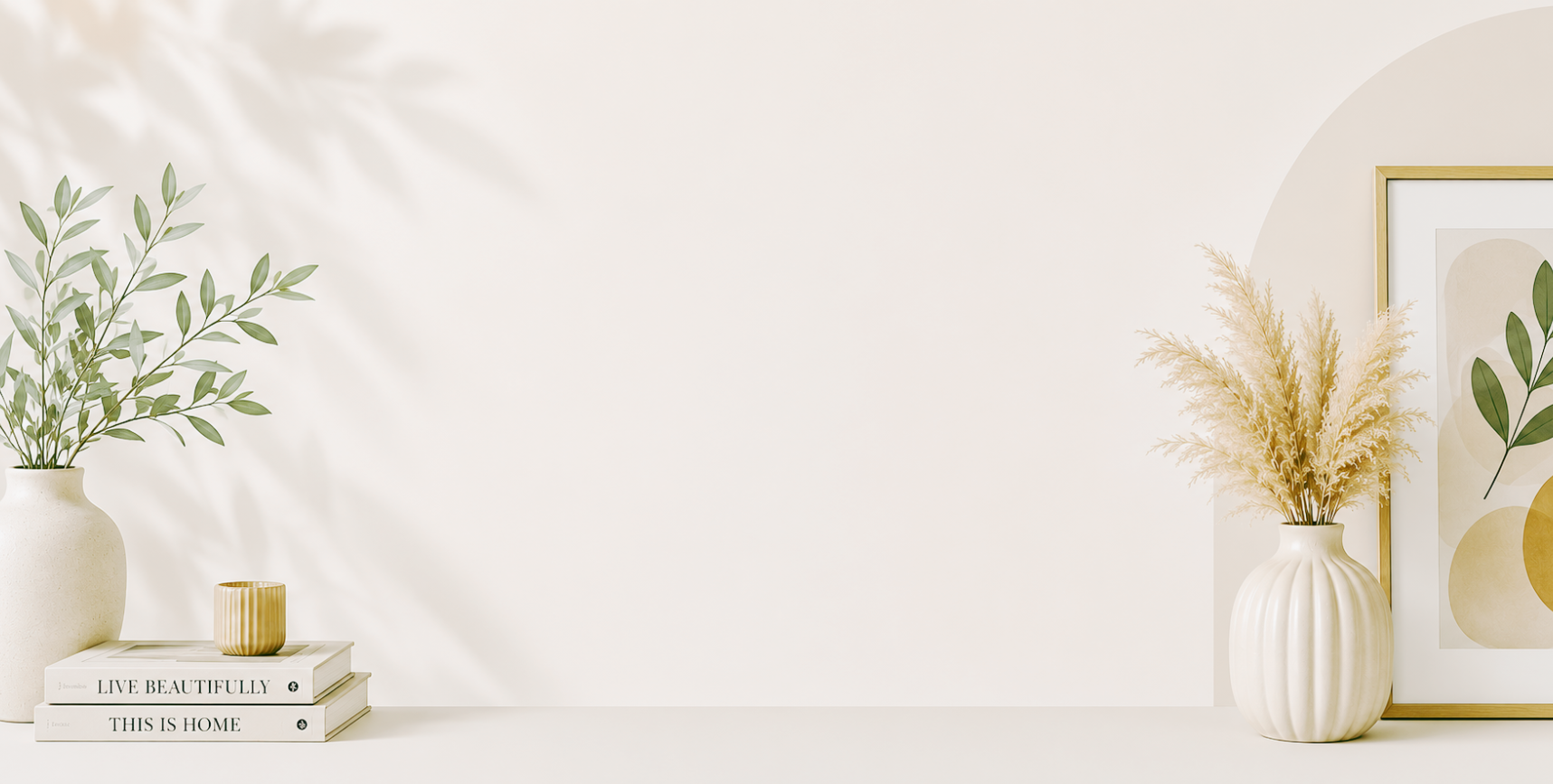 Home Beige background and in front of that a painting and two vases for decoration