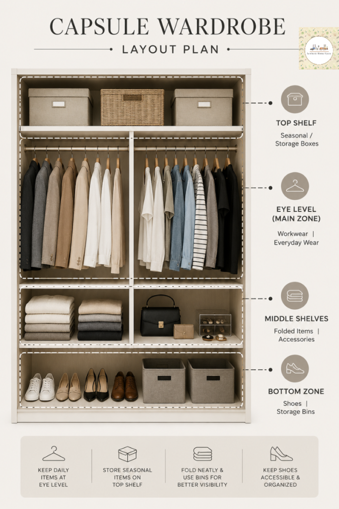 Capsule wardrobe layout plan.